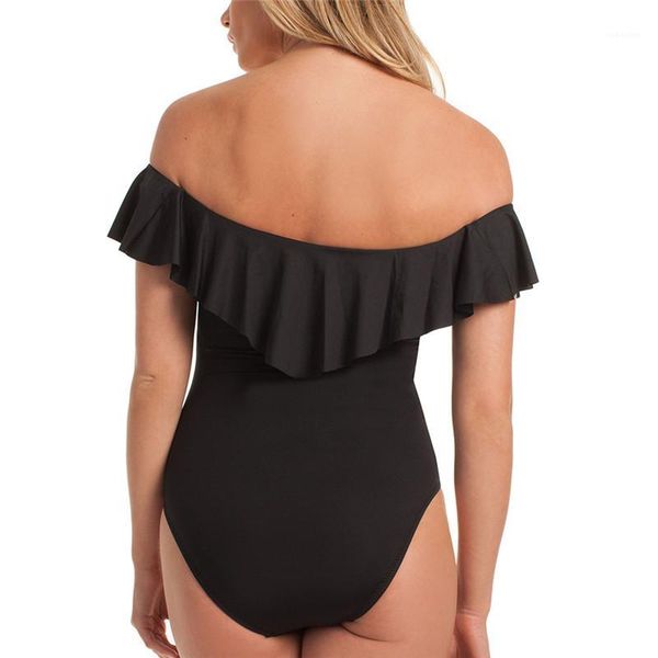 

swimwear summer boat neck beach womens bathing suits ruffle fluorescent color one piece womens, White;black