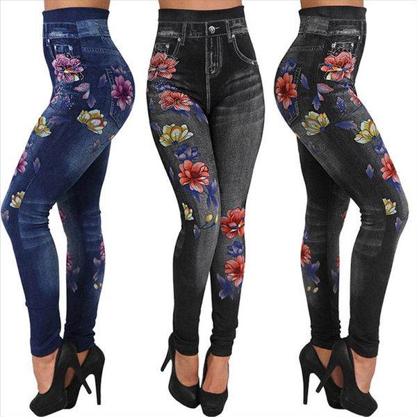 

fashion women leggings pants floral print pencil pants leggins 2020 3xl plus size casual high waist faux denim leggings bottoms, Black