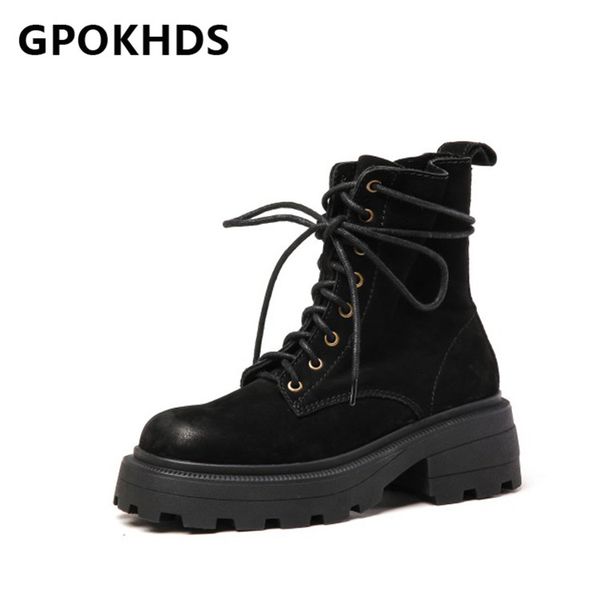 

gpokhds 2021 women ankle boots cow leather winter short plush round toe lace-up high heels female riding boots size 39, Black