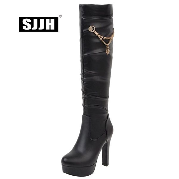 

boots sjjh women knee-high with point toe 12cm chunky platform pleated plush long fashion elegant shoes large size q211, Black