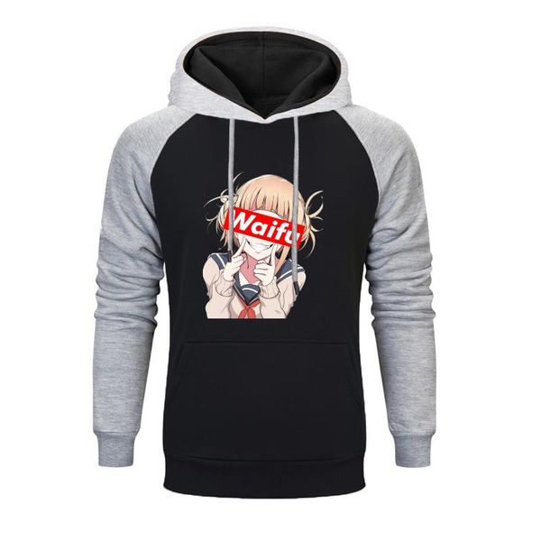 

funny japan animei kawaii waifu beautiful girl print raglan hoodie men autumn sweatshirt winter casual sportswear streetwear, Black