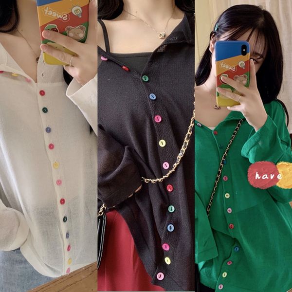 

2020 summer new korean style ins super loose all-match long sleeve knitted summer clothesnew clothesshirt cardigan sunscreen shirt for w, White;black