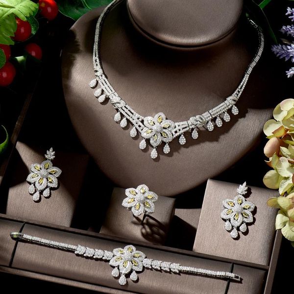 

hibride luxury искрение brilliant кубический циркон формы цветка африканский комплект ювелирных изделий нигерийский wedding bijoux нигерийск, Silver