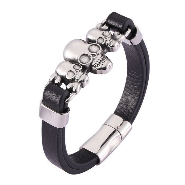 

men jewelry stainless steel skeleton skull bracelet punk black leather mens bracelet handmade magnet clasp man wristband c0476, Golden;silver