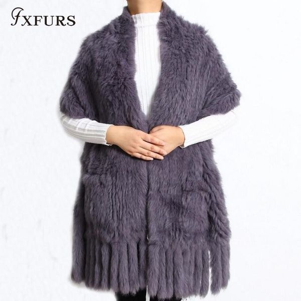 

scarves fxfurs 2021 brand women genuine knitted fur shawl wraps 100% real 170cm length, Blue;gray