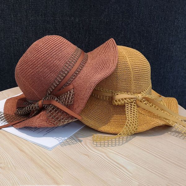 

wide brim hats korea bow knitted bucket women outdoors travel elegant straw hat adjustable fashion all match beach caps collapsible, Blue;gray