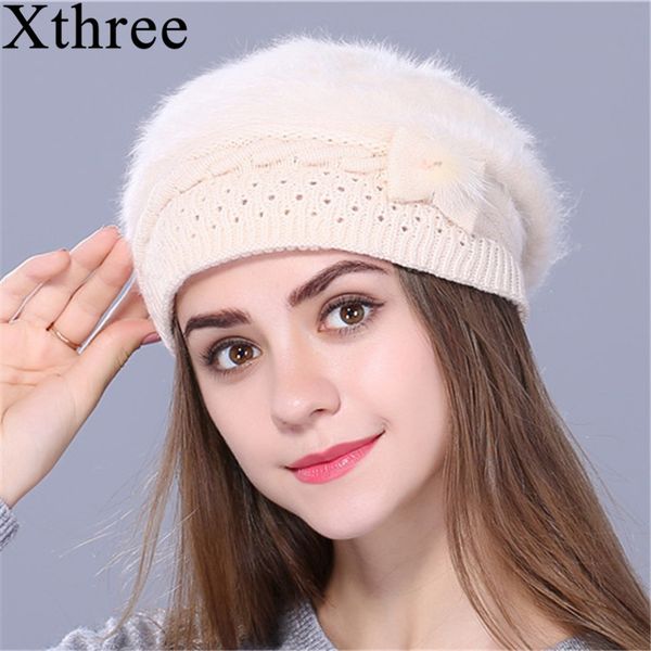 

berets xthree winter autumn beret hat for women knitted fur solid colors fashion lady cap, Blue;gray