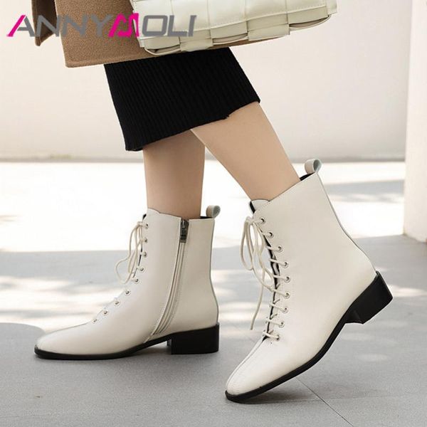 

annymoli woman boots med heel ankle boots zip chunky heel short lace up round toe female shoes autumn winter beige size 46, Black