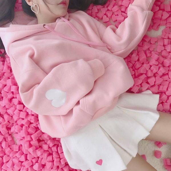 

harajuku fashion plus velvet women hoodies sweet cute heart shape embroidery girls sweatshirt long sleeve women pullovers, Black