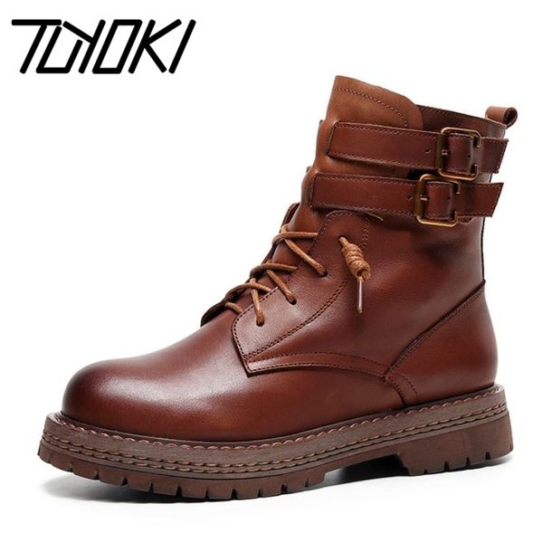

tuyoki real leather women ankle boots zipper metal buckle flats shoes round toe warm boots women party footwear size 35-40, Black