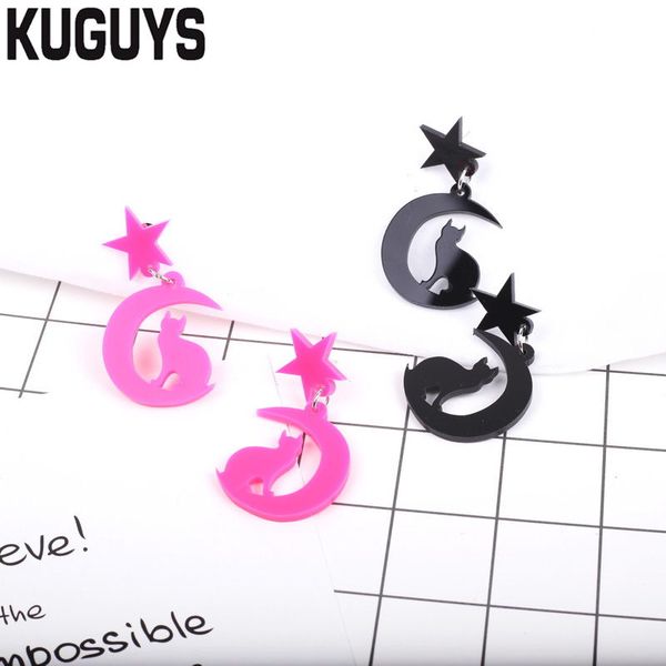 

kuguys acrylic jewelry fashion star moon cat drop earrings for women 3 colors trendy large dangle earring, Silver
