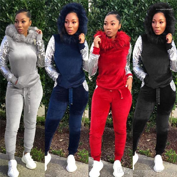 

nightclub sets long sleeve apparel womens two piece pants european and american plush hat sequined binding slim two piece, White