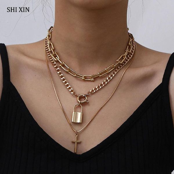 

pendant necklaces shixin 3 pcs/set chain choker colar with lock/cross necklace for women punk padlock on the neck jewelry, Silver