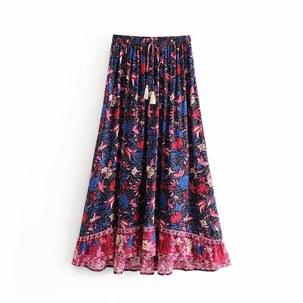 

skirts boho chic summer vintage floral bird print pleated maxi skirt women 2021 fashion elastic waist drawstring tassel beach, Black