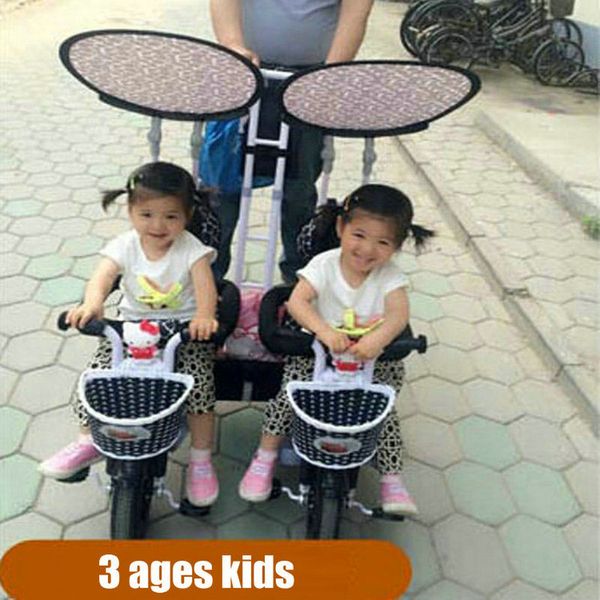 

multifunctional twins pedal tandem trike with steel frame, twins tricycle with remove pushbar, stroller inflate wheel