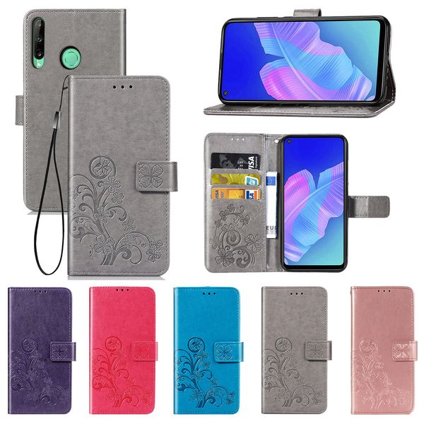 Custodie per cellulari per Huawei P40-Lite-E Custodie in pelle PU Lucky Four Leaf Clover Portafoglio Supporto per telefono con cinturino da polso (Modello: P40LITEE)