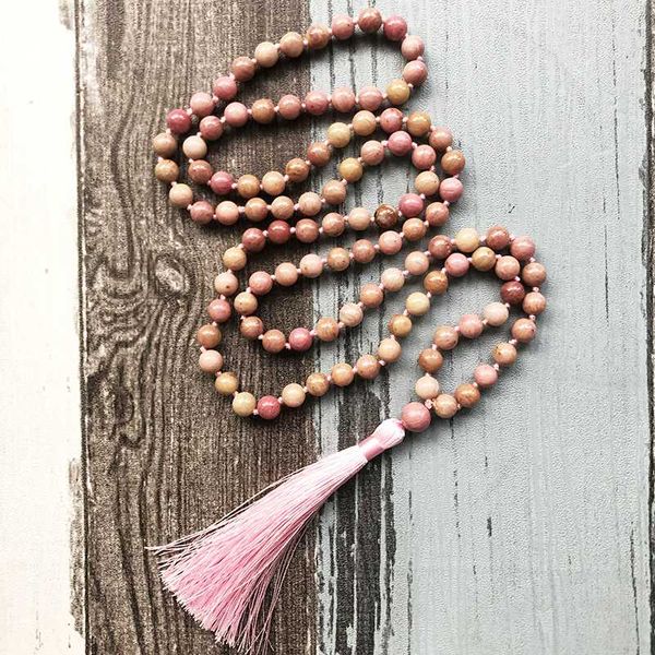 

chains 8mm rhodonite beads wrap around mala necklace prayer buddhist tassel jewelry knotted long for women gift, Silver