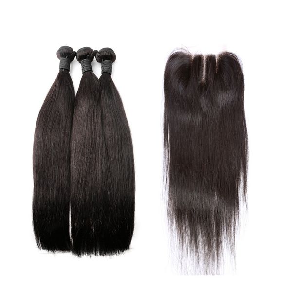 

indian hair bundles with closure silky straight virgin human hair weaves closure 3pieces with lace closure three part 4pcs/lot bellahair, Black