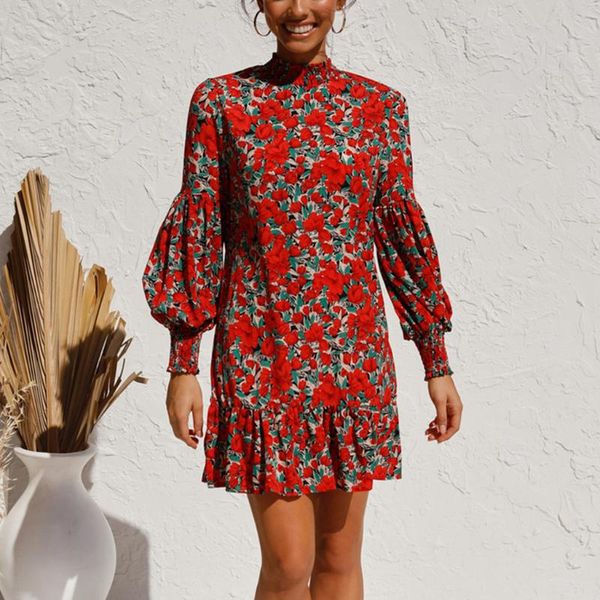 

women vintage party dresses casual floral printing long sleeve o-neck party dress female elegant ruffle mini dresses vestido, Black