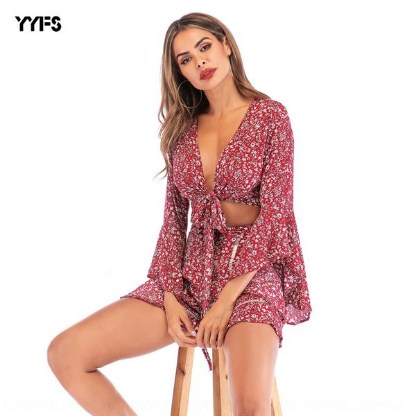 

women's chiffon suit summer 2020 long shorts shirtshirt shirtsleeve floral chiffon shirt beach vacation casual shorts for women 70mjs, Gray