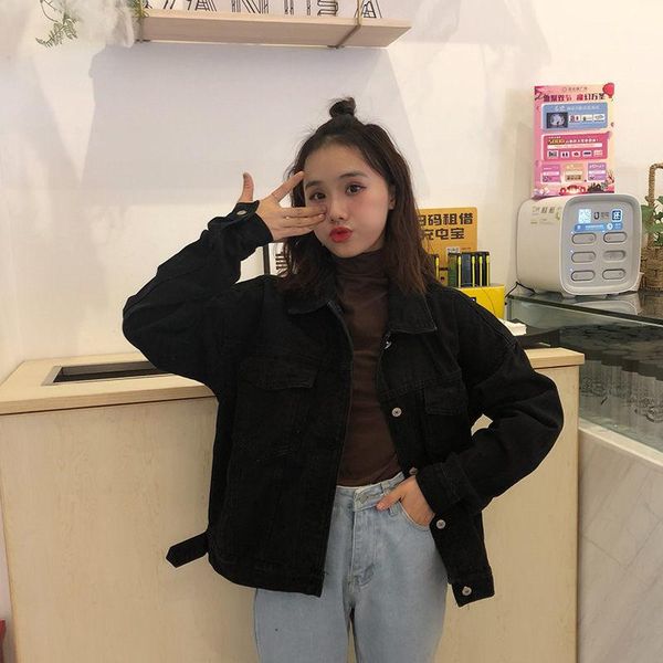 

long sleeve womens lapel neck jackets loose ladies casual outerwear womens designer denim jackets solid color, Black;brown