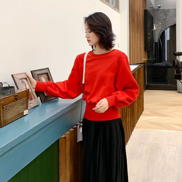 

round pullover sweater pullover neck loose slimming all-match casual fashion 2020 spring korean style new fashion lantern sleeve sweater wa, Black