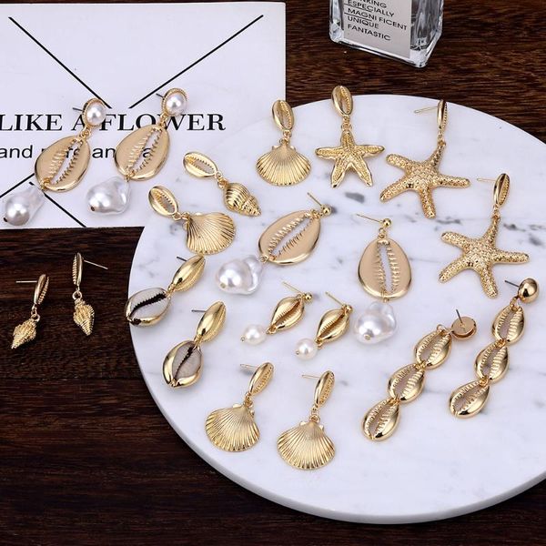 

sea shell pearl drop earrings for women statement gold leaf geometric dangle earring 2020 fashion summer beach jewelry gift, Silver