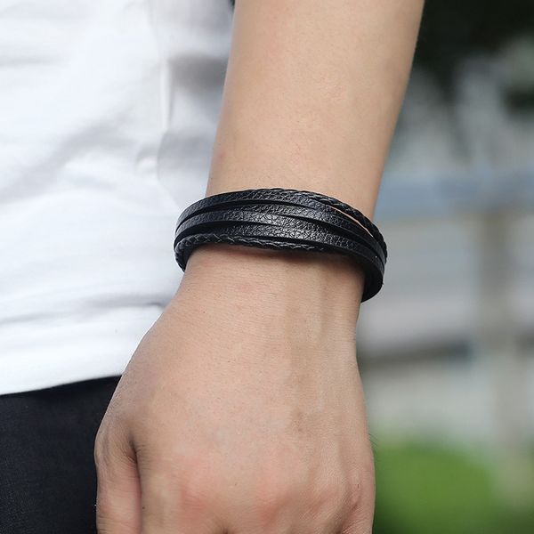 

multilayer genuine leather bracelet for men's hand jewelry punk vintage male handmade wrap wristband bracelets, Golden;silver