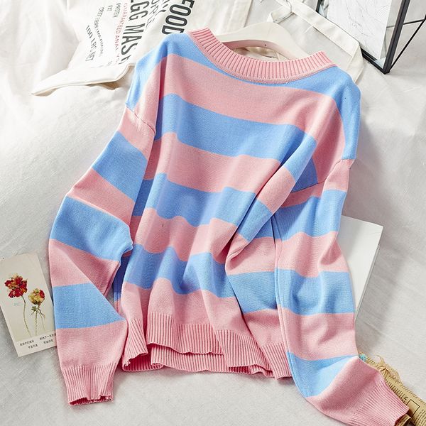 

casual pink blue striped printed sweater women autumn 2020 long sleeve loose pullover winter knitted ladies jumper white, White;black