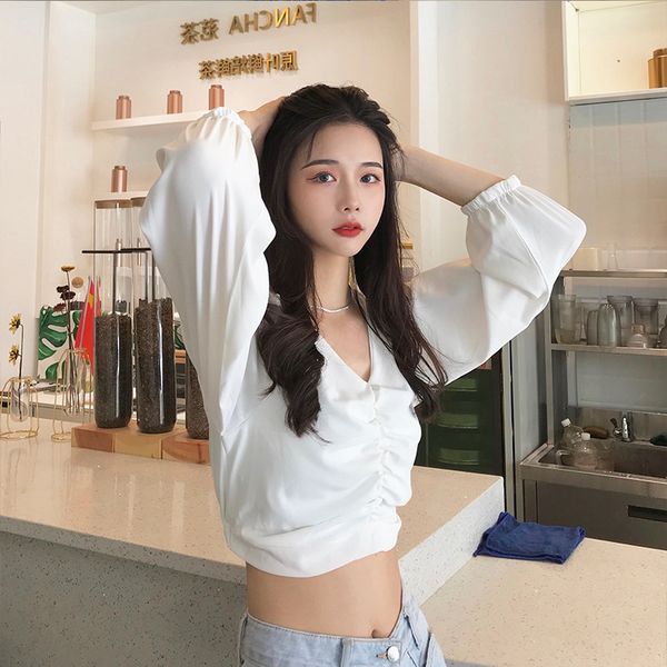 

женщины элегантный casual v-образным вырезом длинные puff рукавом твердые шифон короткие белый топы для женщин весна / осень два цвета, White