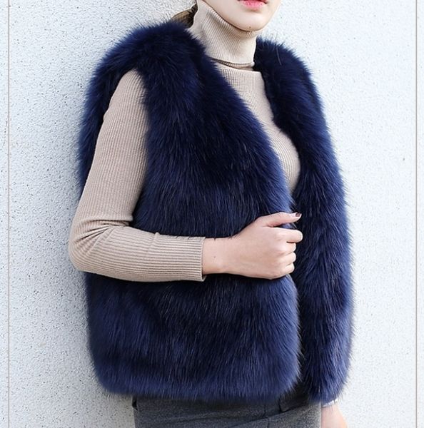 

new winter women faux fox fur mink fur coat luxury overcoat korean v-neck thick warm female plush open stitch vests, Black