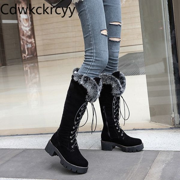 

winter the new hair fashion round head thick bottom high tube boots plus velvet keep warm high heel women boots, Black