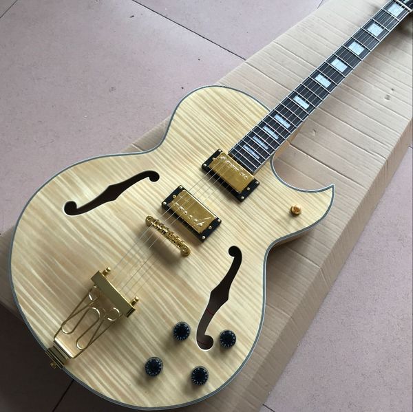 

custom shop,custom f hollow body jazz electric guitar,double tiger flame.natural wood color gitaar.standard custom guitarra