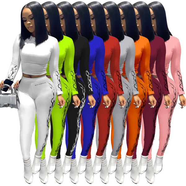 

spot 2020 new european and american spring and summer fashion printing casual long-sleeved round neck trousers suit, White