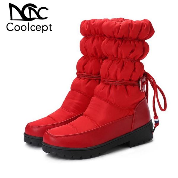

coolcept new snow boots for woman mid calf boots solid color round toe lace up shoes winter warm women footwear size 30-43, Black