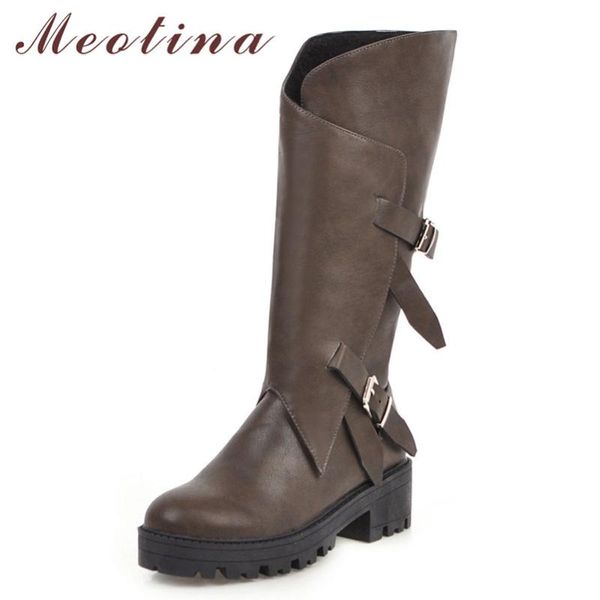 

meotina winter knee high boots women buckle square heel long boots fashion zipper round toe shoes female autumn large size 34-46, Black