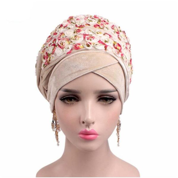 

new women luxury velvet turban hats multifunctional head wrap 3d rose flower turban extra long tube head wrap scarf turbante, Blue;gray
