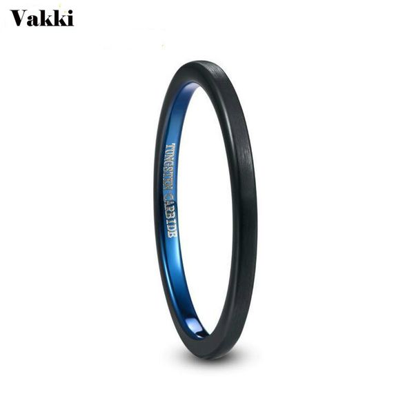 

wedding rings vakki 2mm wide thin electroplated black+blue surface brushed tungsten steel men's ring carbide anillos, Slivery;golden