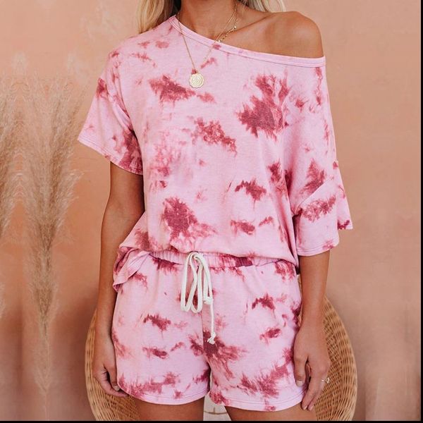 

женщины summer casual pink tie dye одежда комплекты lady сыпучие с коротким рукавом o шеи t shirt top высокой талии шорты, Gray