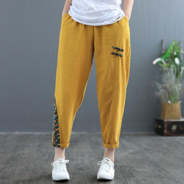

китайский 2020 summer ladies vintage streetwear женская повседневная заплатки брюки женский цветочные льняные брюки bc863, Black;white