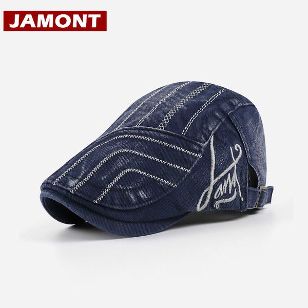 

jamont] outdoor cotton berets hat for men visor caps striped bone denim washed hat casual cap wholesale gorras, Blue;gray
