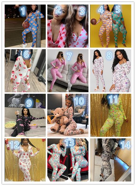 

14 colors women nightwear playsuit workout button skinny print long sleeve jumpsuits v-neck onesies women plus size rompers d10, Gray