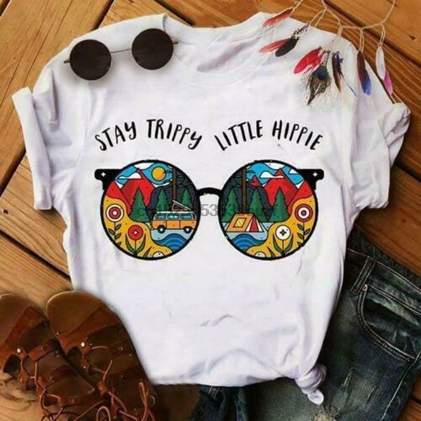 

glasses stay trippy little hippie ladies t-shirt white cotton s-3xl colorful tee shirt