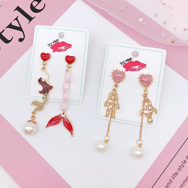 

new girl mermaid drop tail chain earrings asymmetric astronaut space tassel dangle earrings for women jewelry, Silver