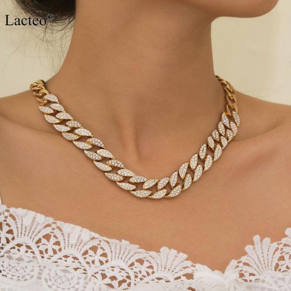 

lacteo punk cuban chain gold silver color rhinestone choker necklace gothic shiny crystal necklace jewelry for mens rapper gifts, Golden;silver