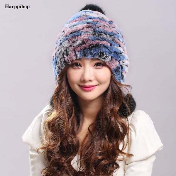 

earflap hats winter warm fur hat for women real knitted rex fur hat with real pom poms caps fashion female caps, Blue;gray