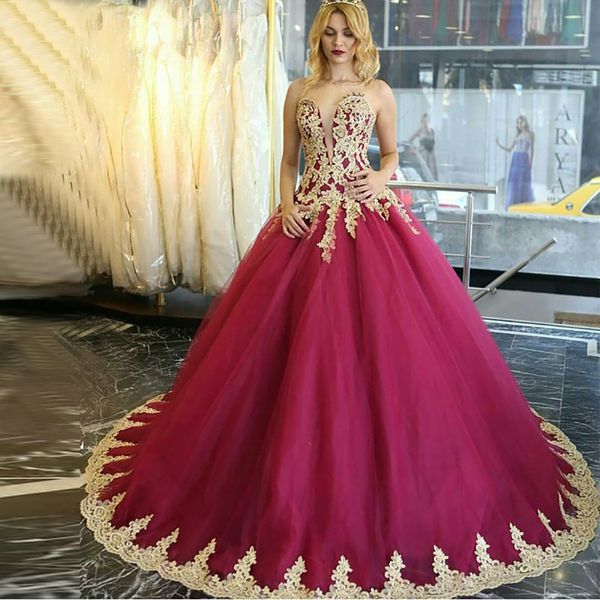 

new luxury princess long evening dresses gold appliques lace ball gown sweetheart burgundy evening gowns vestido de festa, Black;red