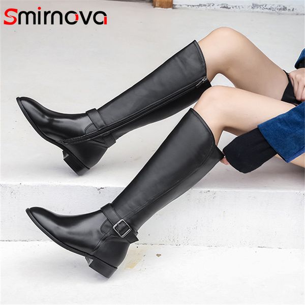 

smirnova 2020 new knee high boots women genuine leather low heel shoes buckle zip round toe autumn winter riding boots woman, Black