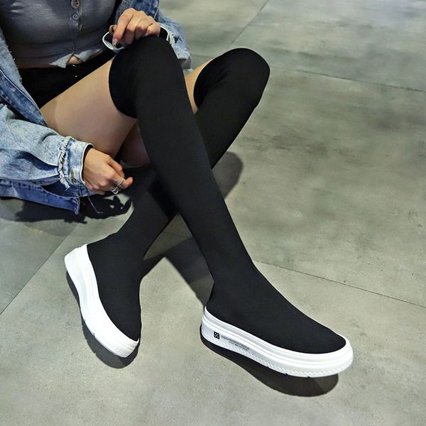 

long boots female over the knee spring 2020 new all-match platform knitted elastic socks boots high heel slimming high leg boot, Black