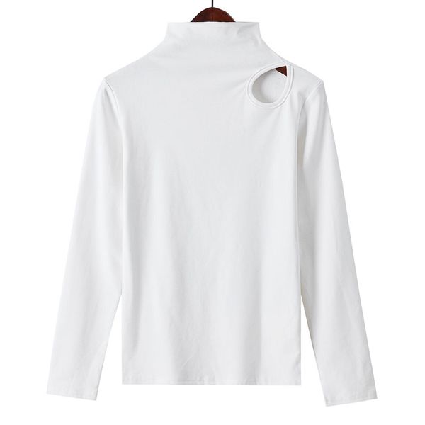 

oteele women t-shirt spring autumn cotton shirts turtleneck long sleeve solid slim office lady simple breathable base tees, White